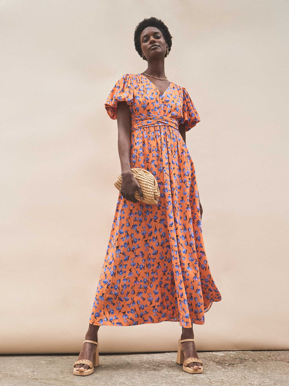 Orange And Blue Floral Puff Sleeve Dress Ro&Zo Orange And Blue Floral Puff Sleeve Dress Ro&Zo