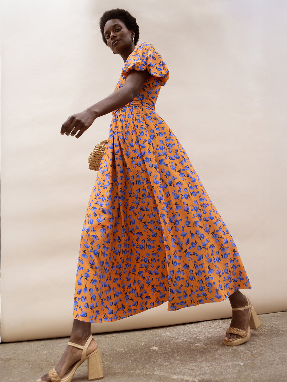 Orange And Blue Floral Puff Sleeve Dress Ro&Zo Orange And Blue Floral Puff Sleeve Dress Ro&Zo