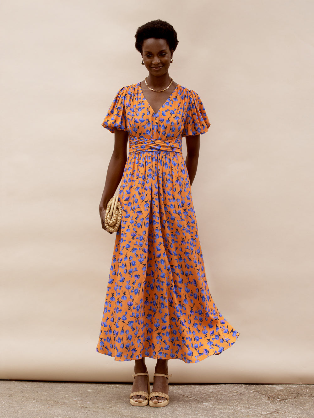 Petite Orange And Blue Floral Puff Sleeve Dress – Ro&Zo