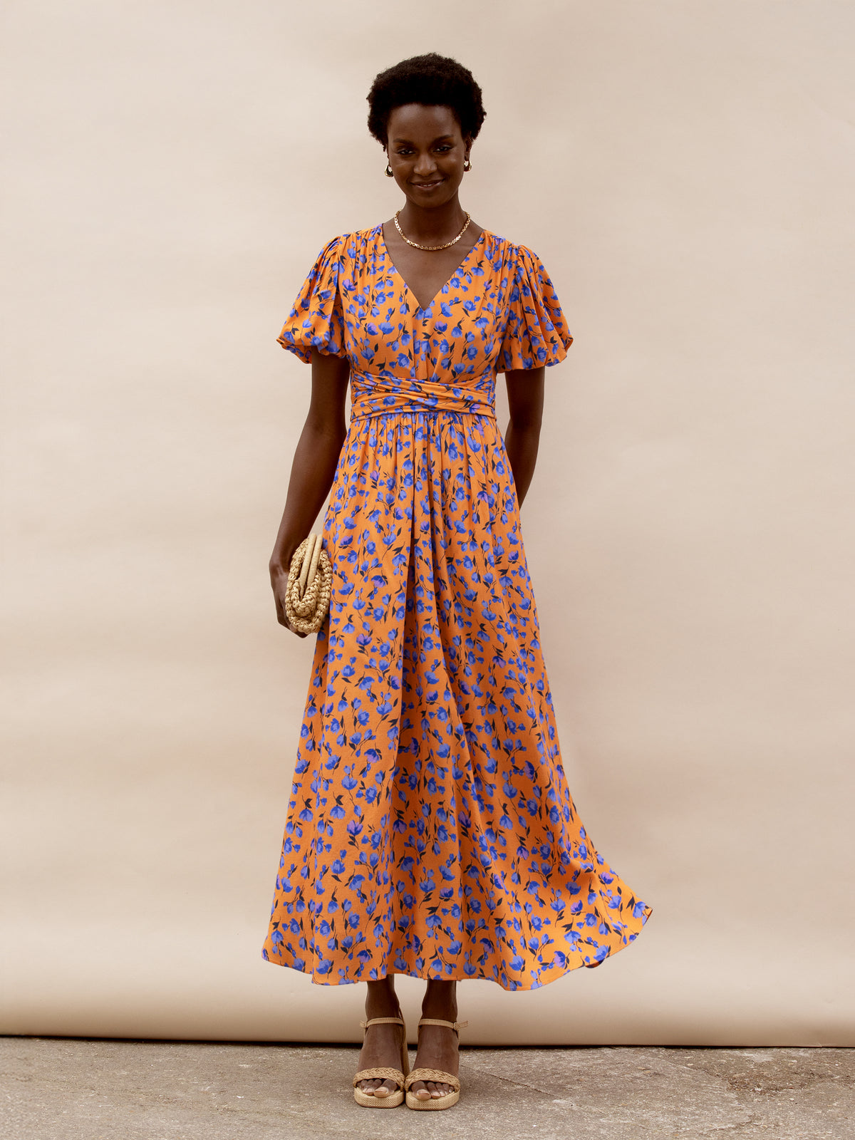Orange And Blue Floral Puff Sleeve Dress