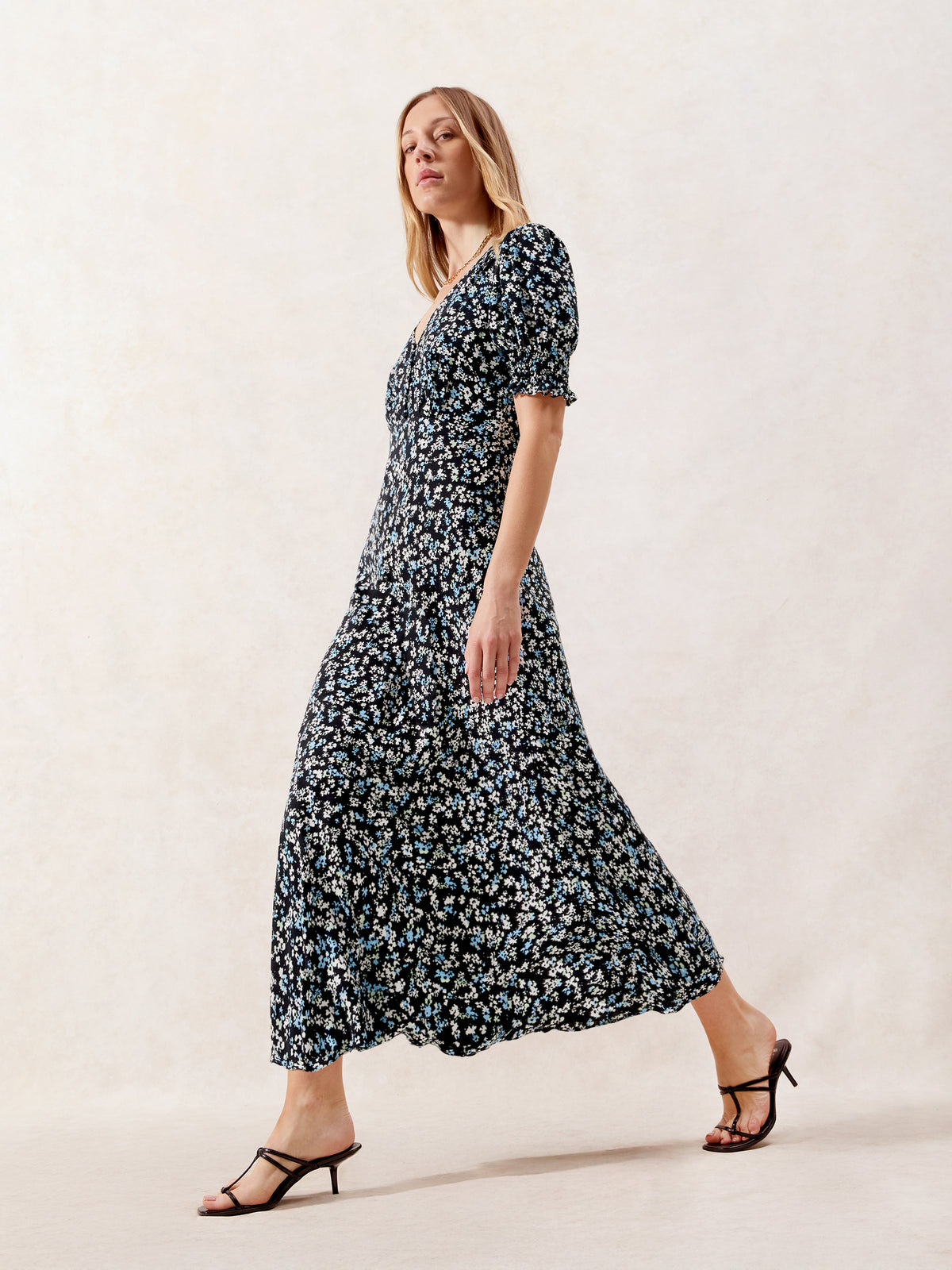 Blue Ditsy Print Shirred Cuff Midi Dress