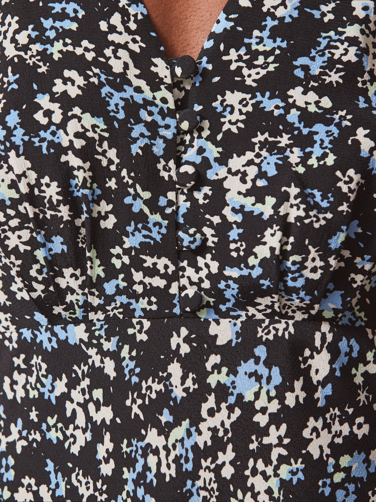 Blue Ditsy Print Shirred Cuff Midi Dress