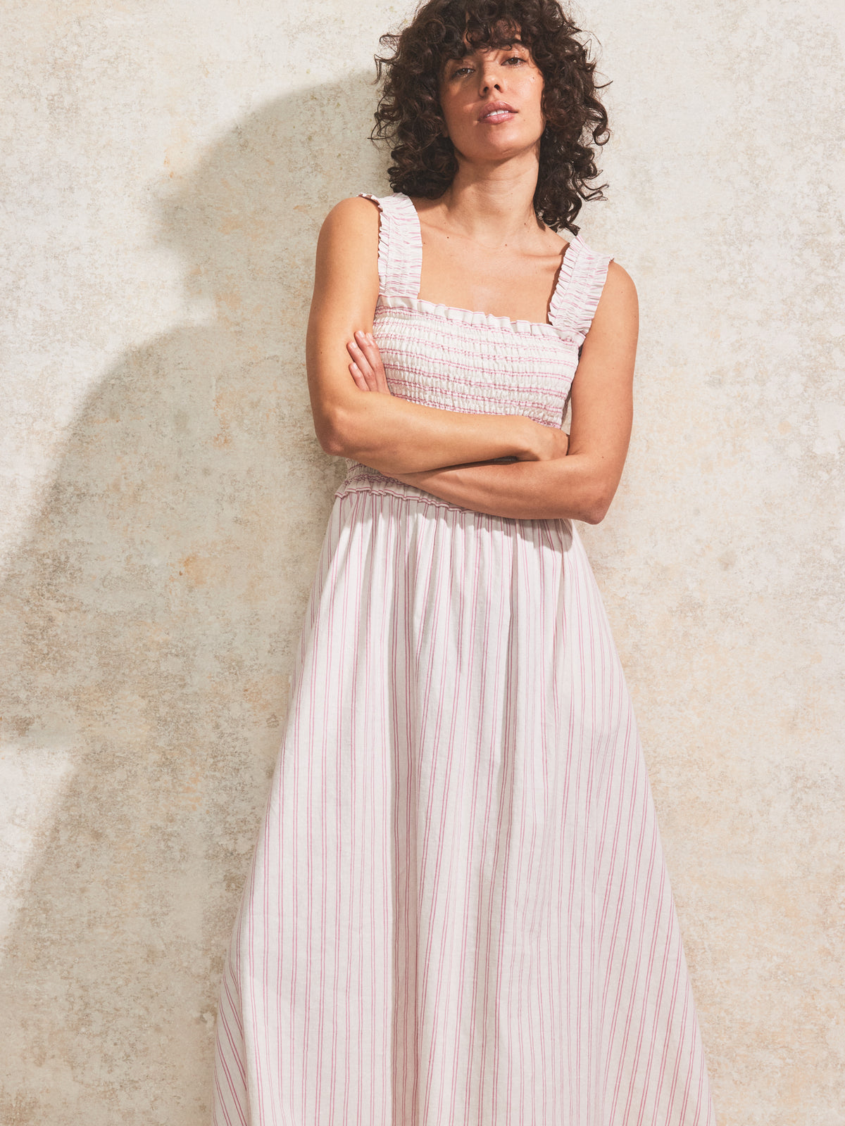 Pink Stripe Shirred Dress