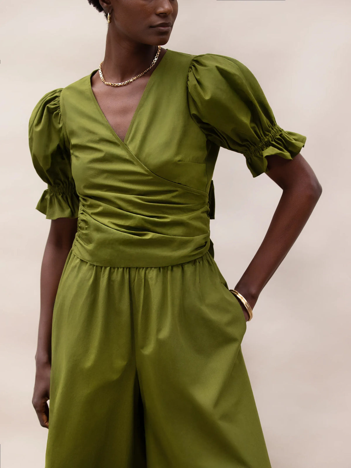 Khaki Cotton Poplin Wrap Top