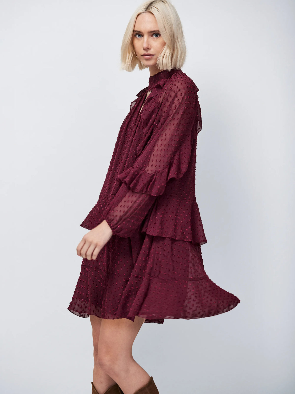 Wine Dobby Ruffle Short Dress