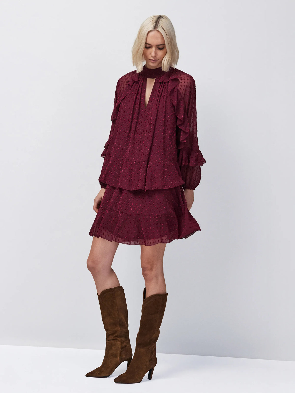 Wine Dobby Ruffle Short Dress