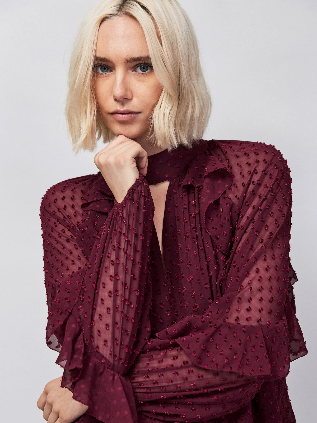 Wine Dobby Ruffle Short Dress