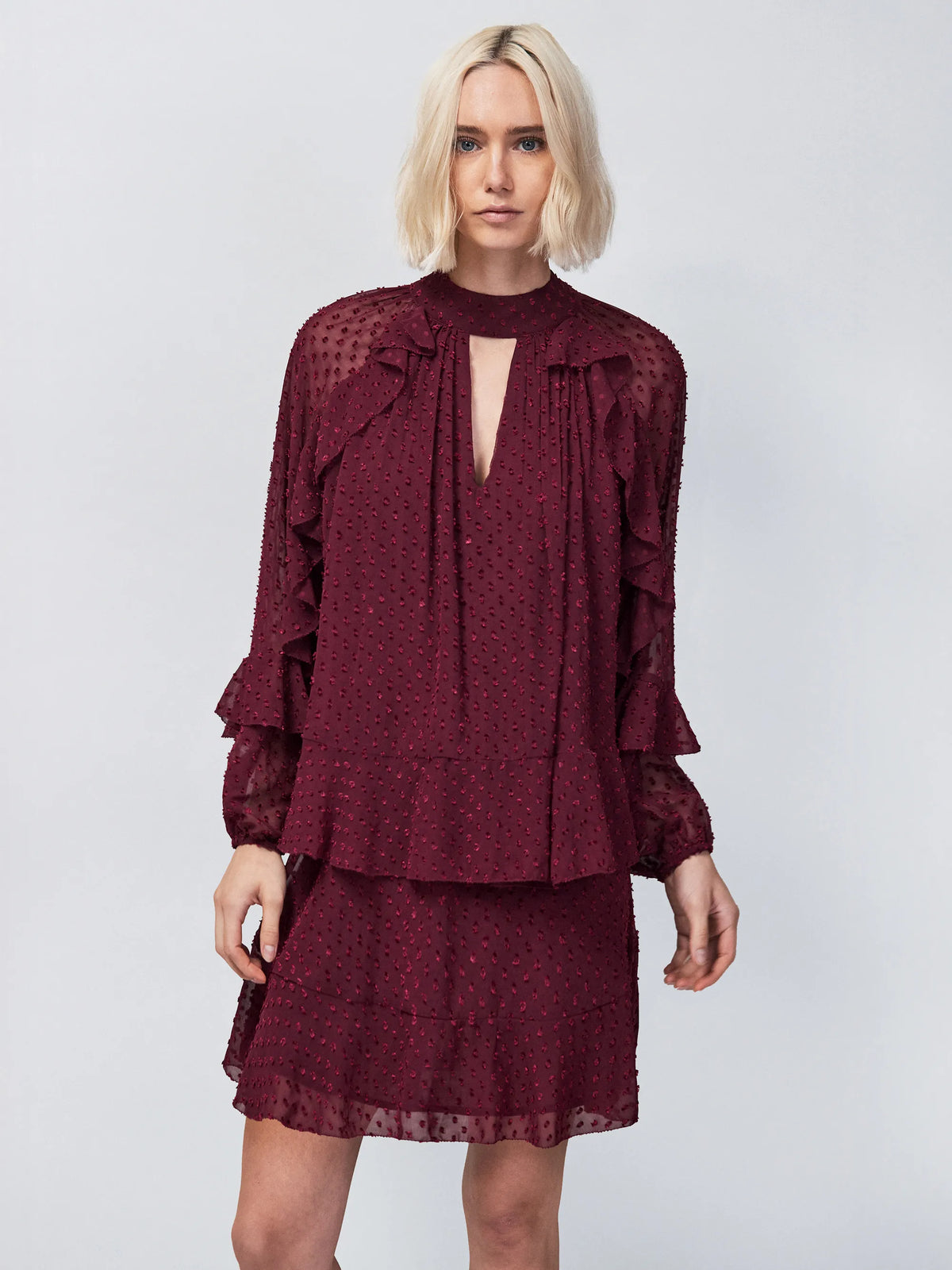 Wine Dobby Ruffle Short Dress