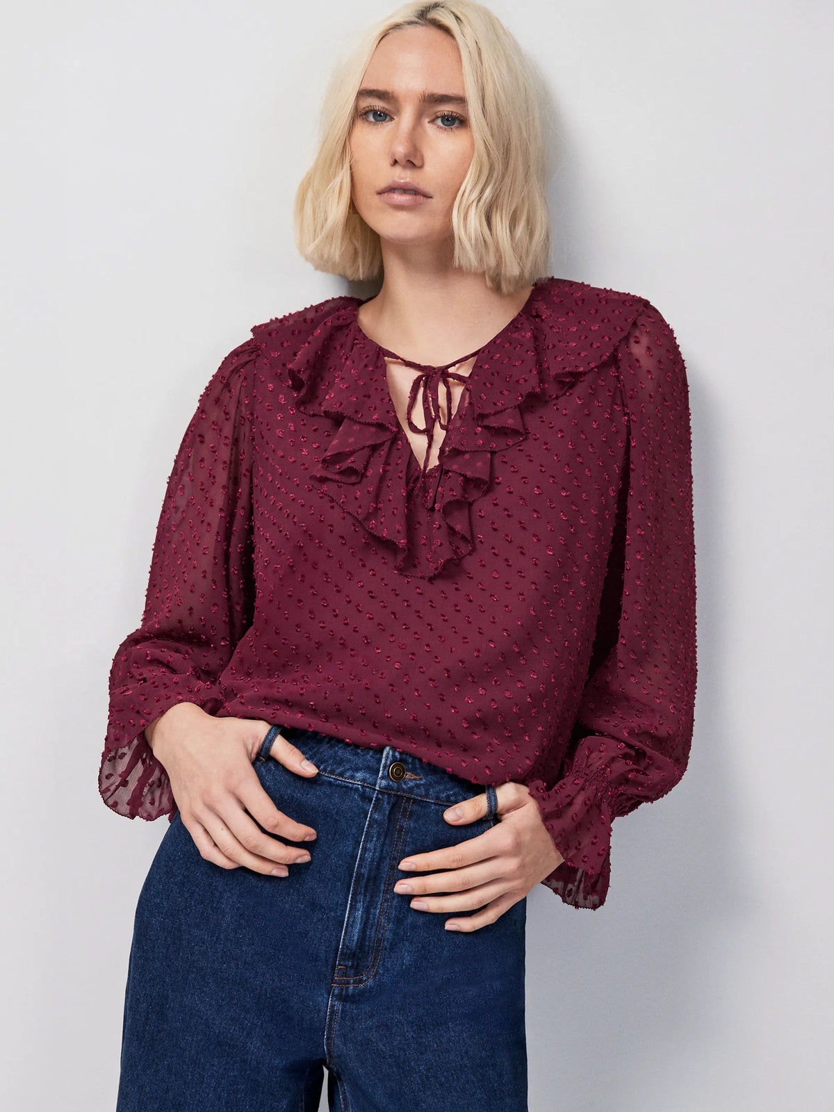 Wine Dobby Ruffle Front Blouse
