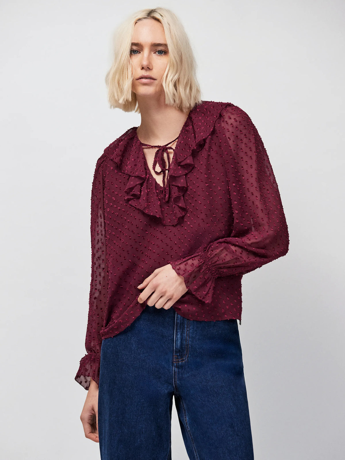 Wine Dobby Ruffle Front Blouse