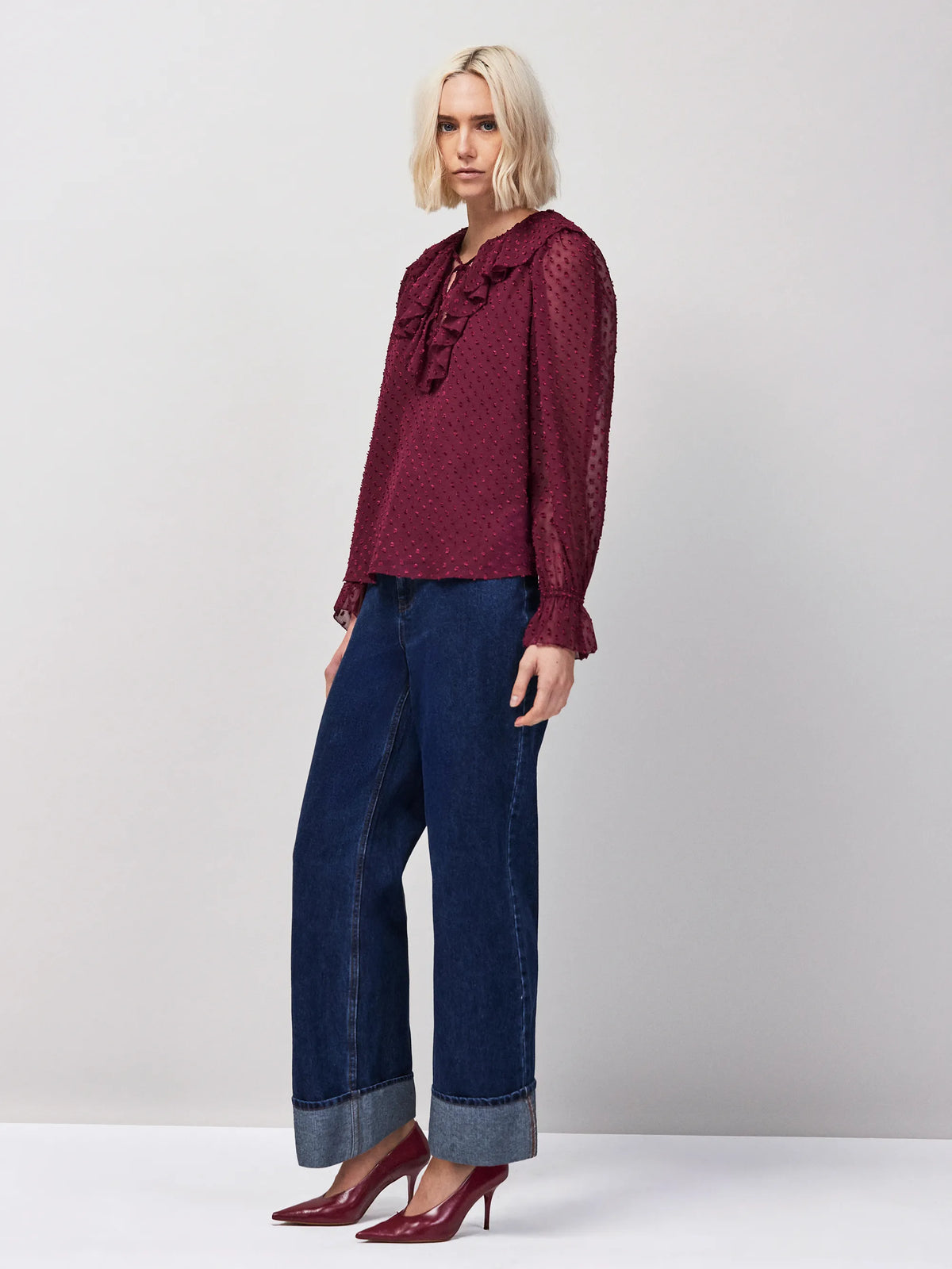 Wine Dobby Ruffle Front Blouse