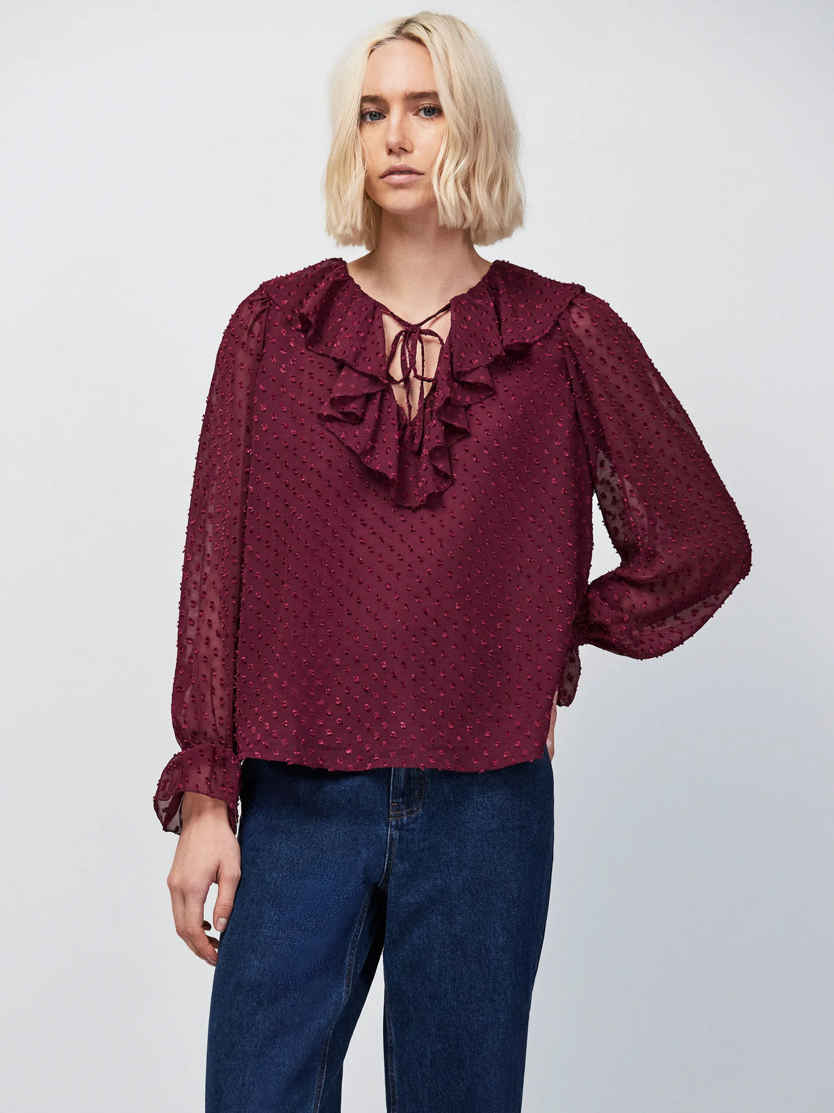 Wine Dobby Ruffle Front Blouse