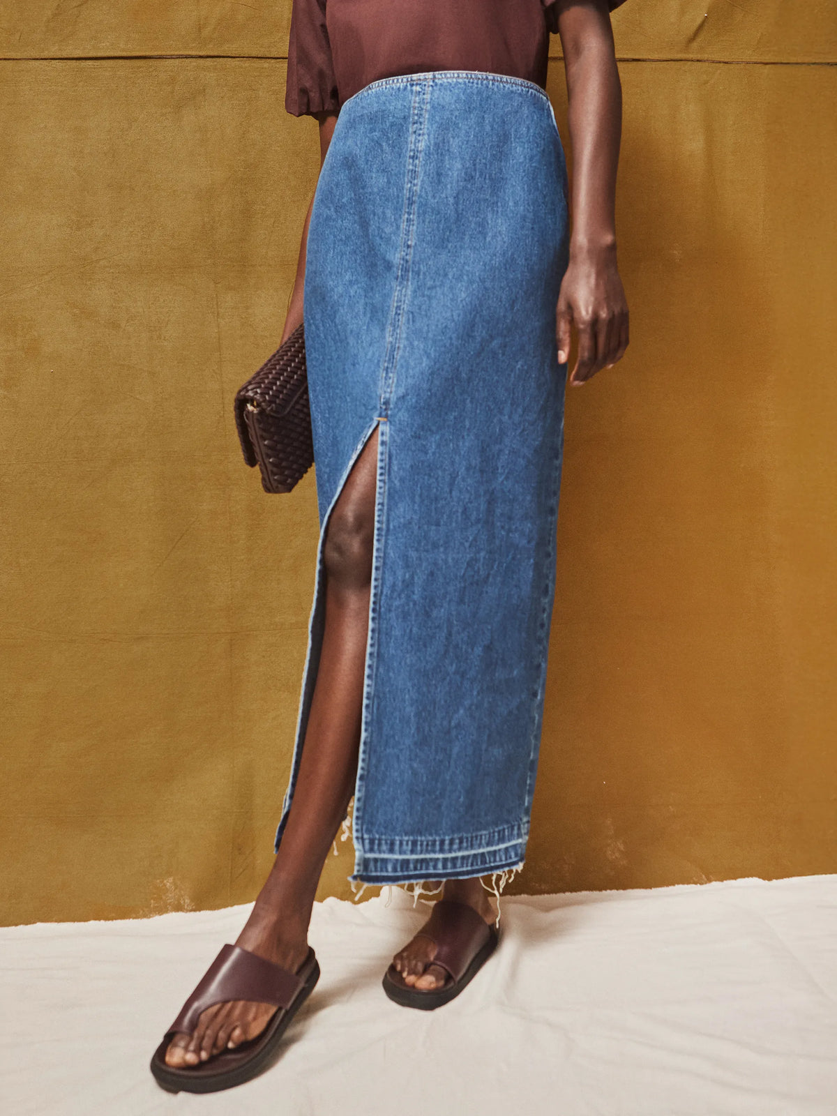 Petite Blue Denim Split Front Maxi Skirt
