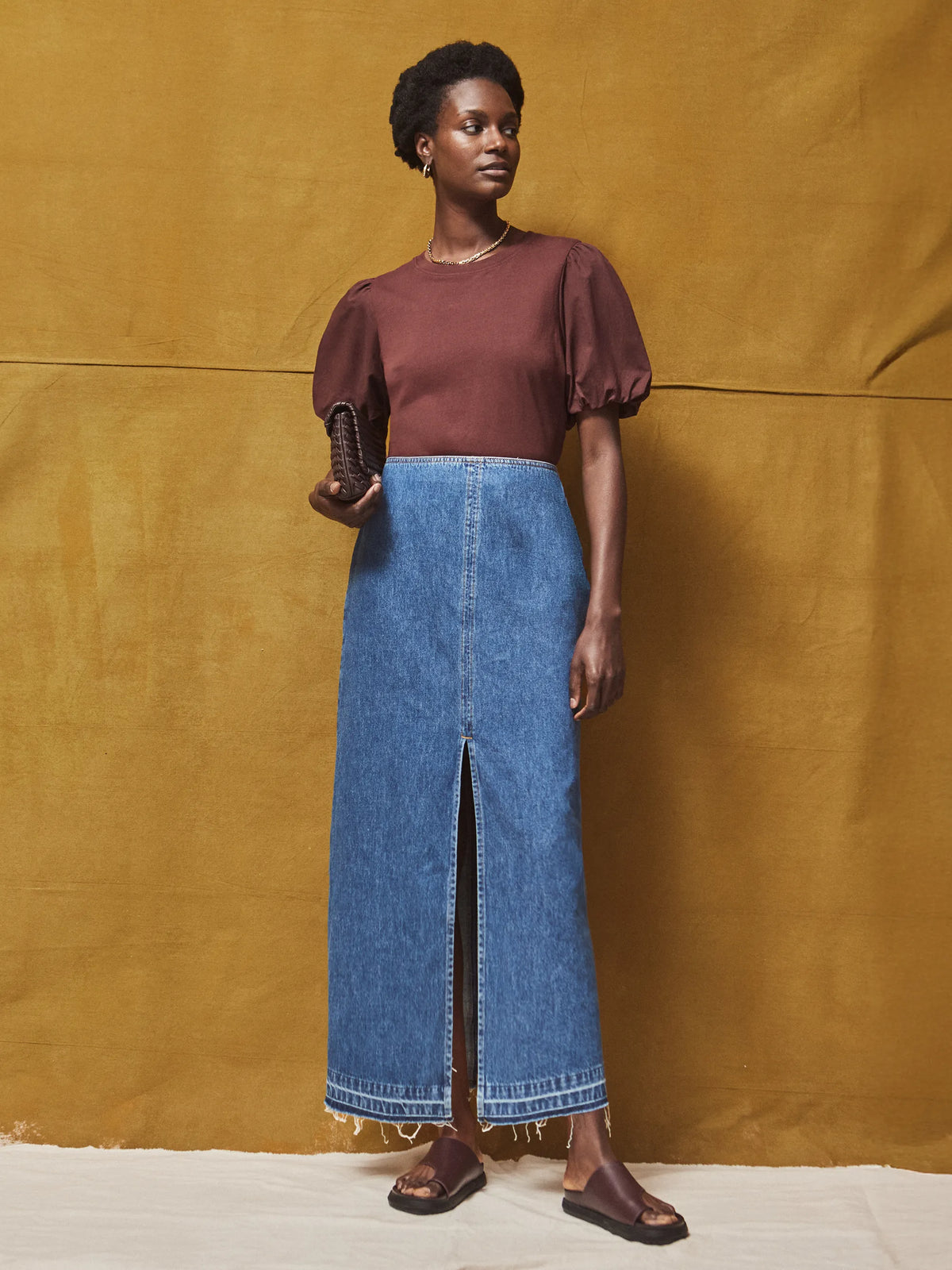 Petite Blue Denim Split Front Maxi Skirt