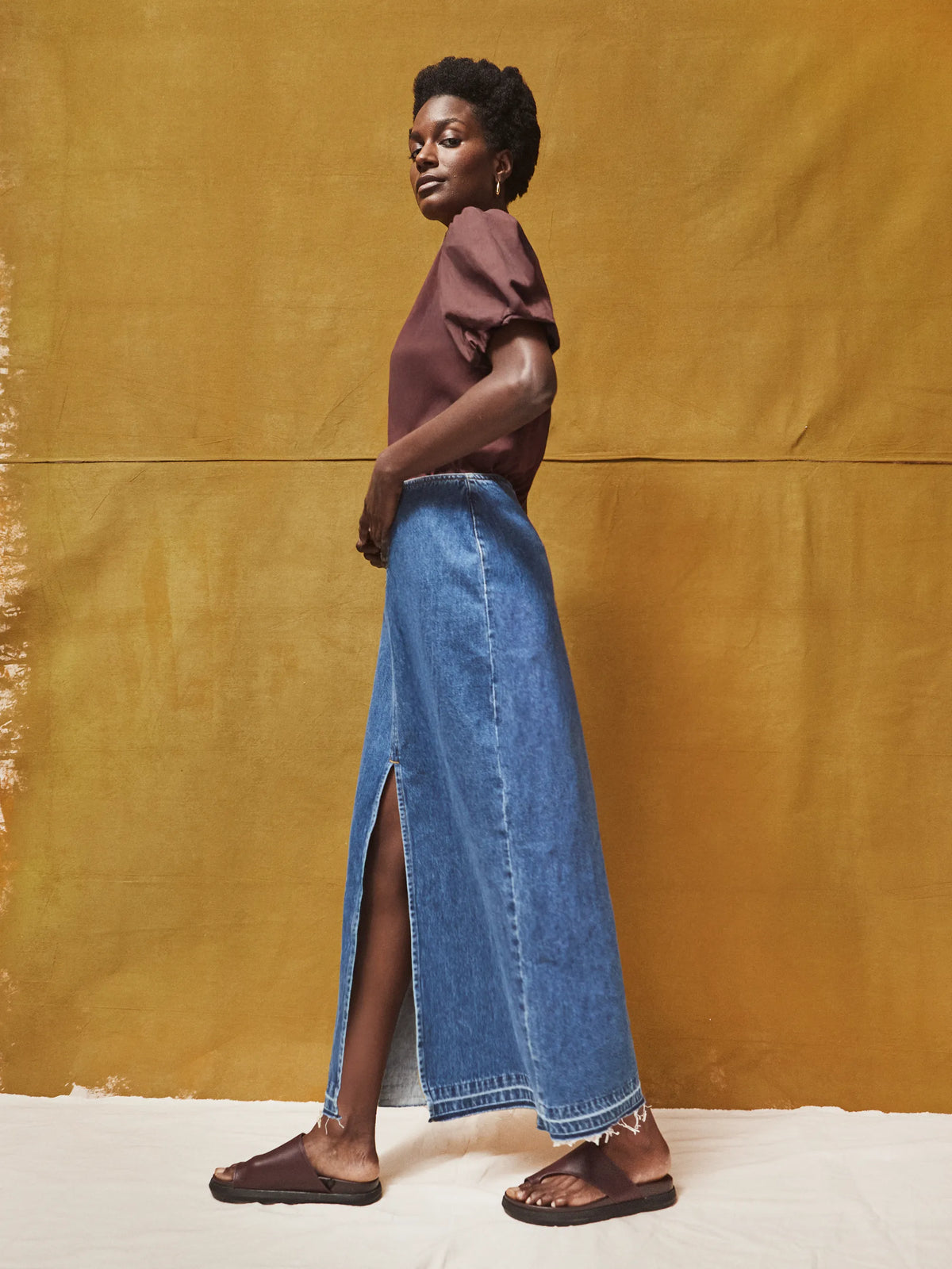 Petite Blue Denim Split Front Maxi Skirt
