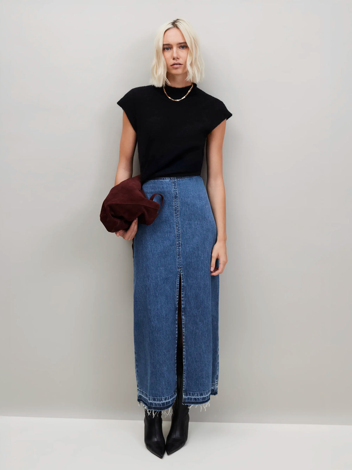 Petite Blue Denim Split Front Maxi Skirt