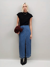 Blue Denim Split Front Maxi Skirt