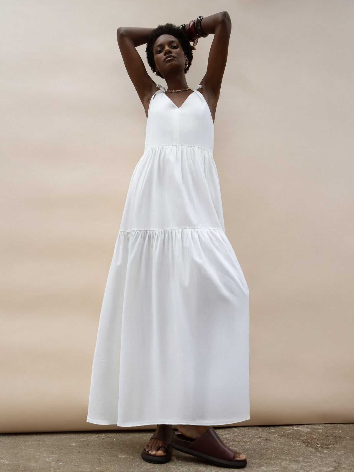 Cream Linen Tie Strap Dress