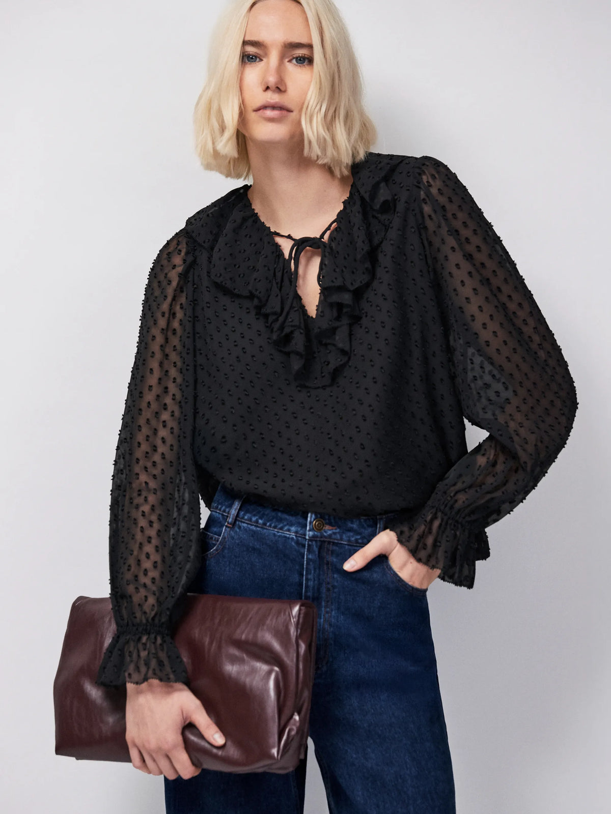 Black Dobby Ruffle Front Blouse