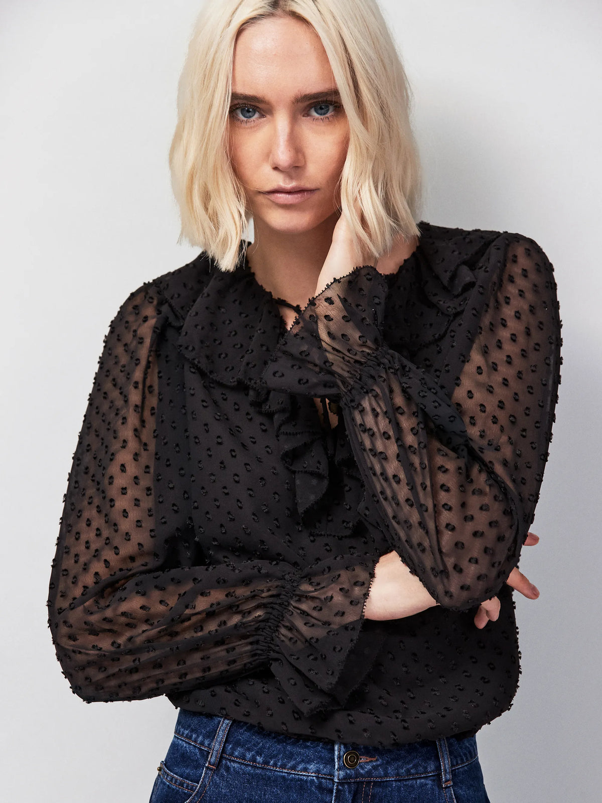Black Dobby Ruffle Front Blouse
