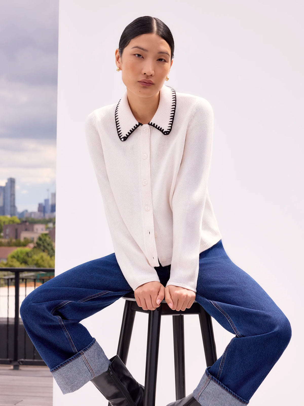 Ivory Contrast-Stitch Collared Cardigan with Wool