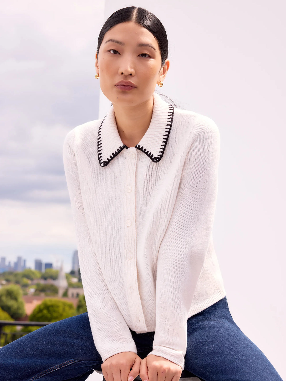 Ivory Contrast-Stitch Collared Cardigan with Wool