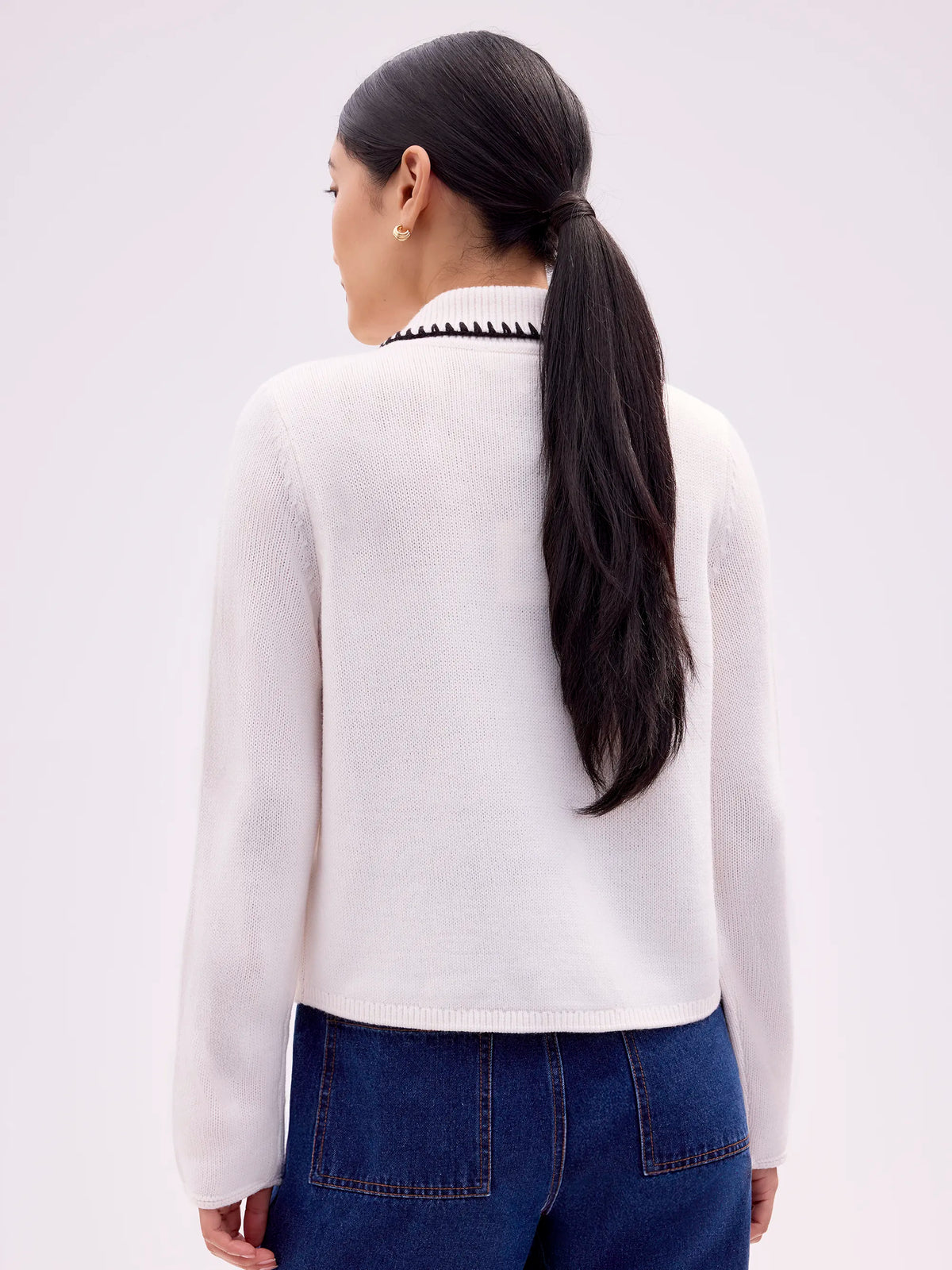 Ivory Contrast-Stitch Collared Cardigan with Wool