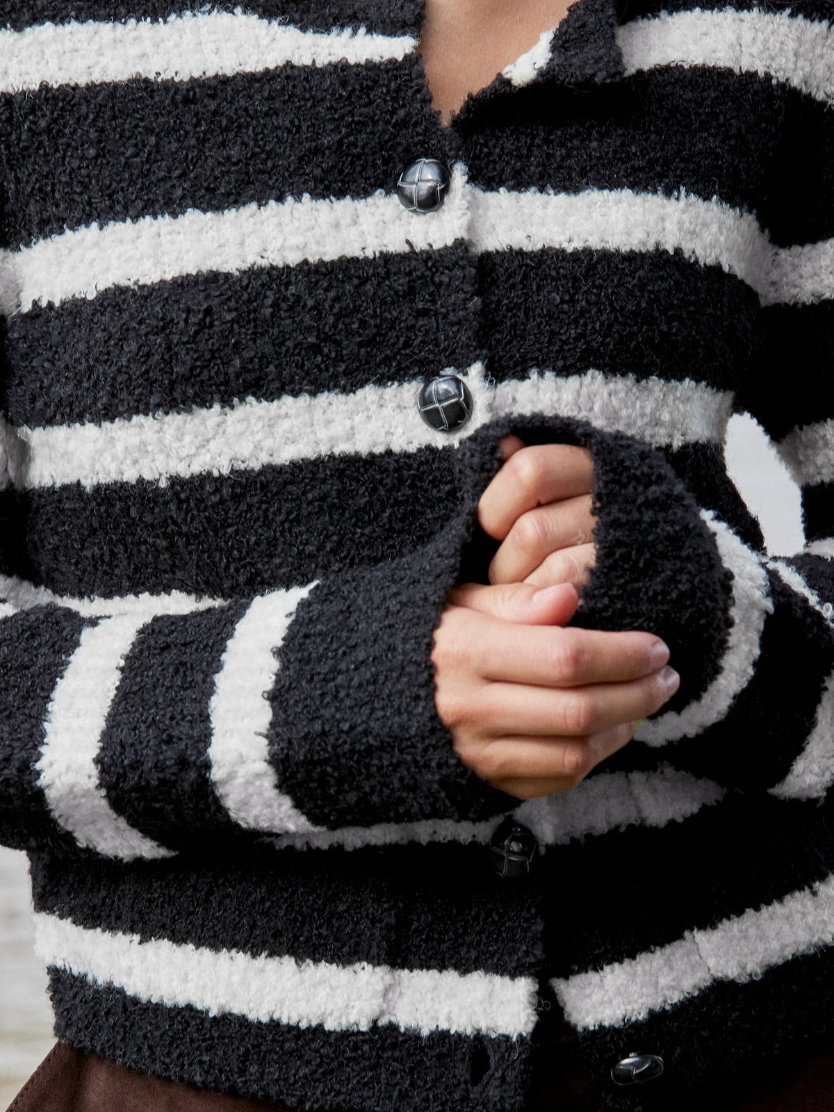 Black and White Striped Bouclé-Knit Cardigan