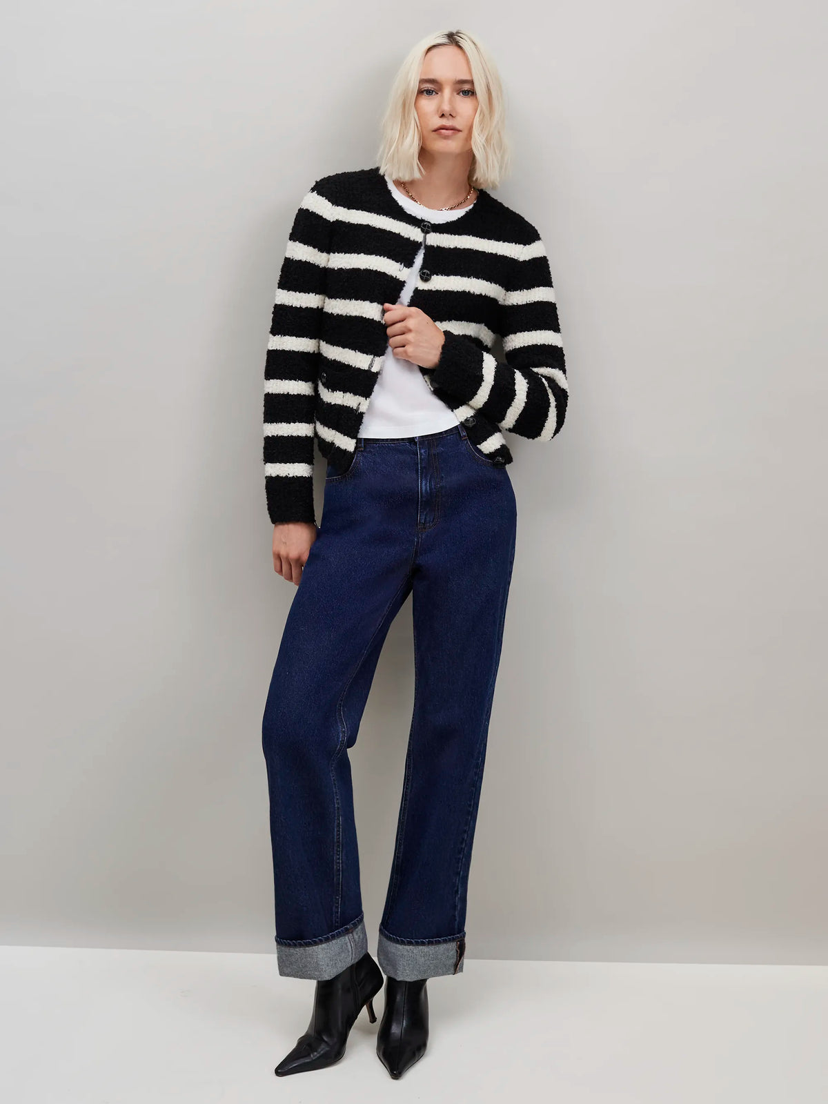 Black and White Striped Bouclé-Knit Cardigan