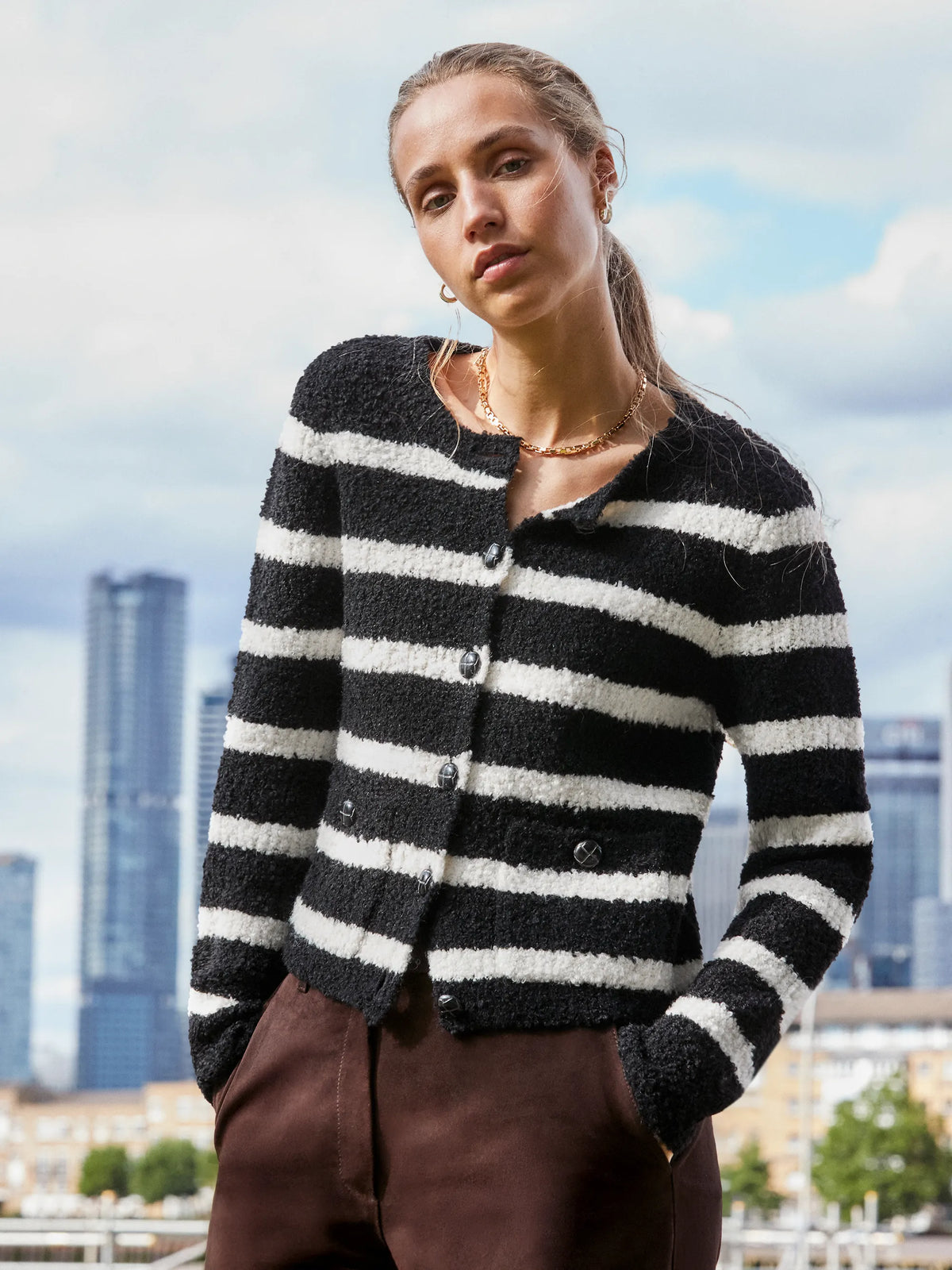 Black and White Striped Bouclé-Knit Cardigan