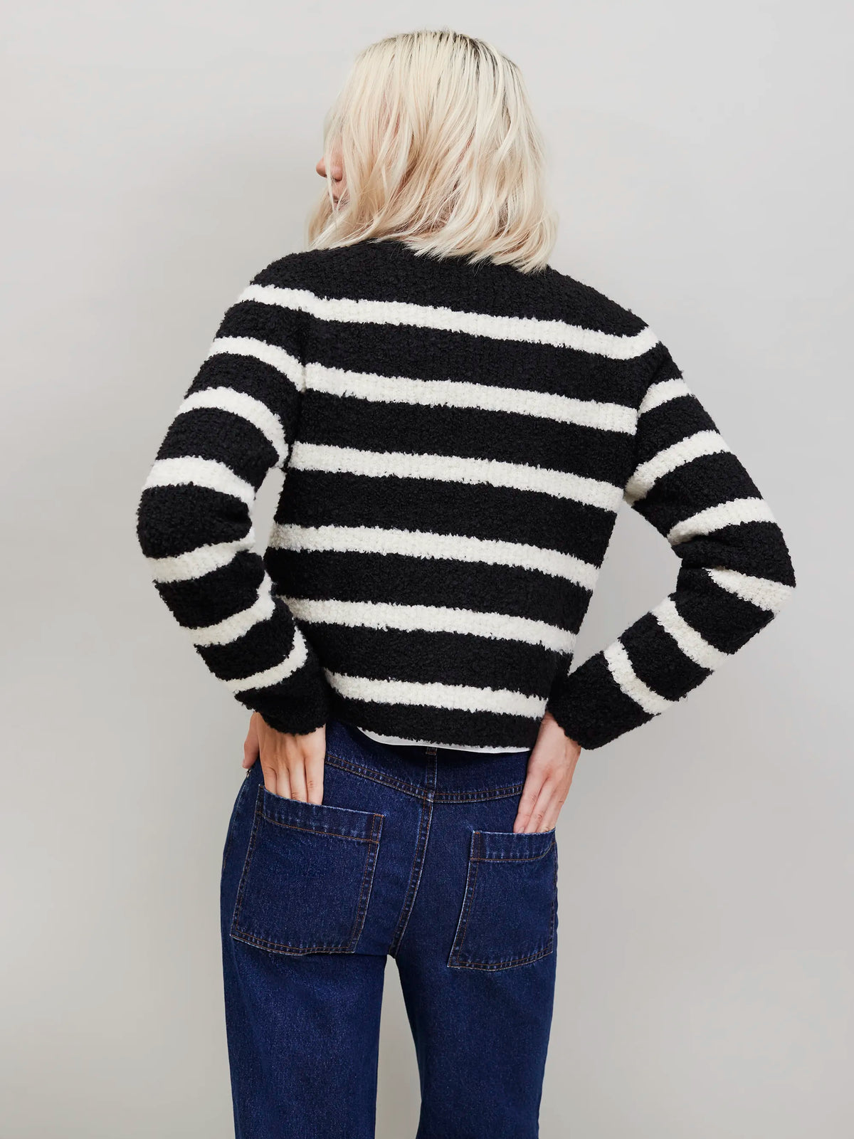 Black and White Striped Bouclé-Knit Cardigan