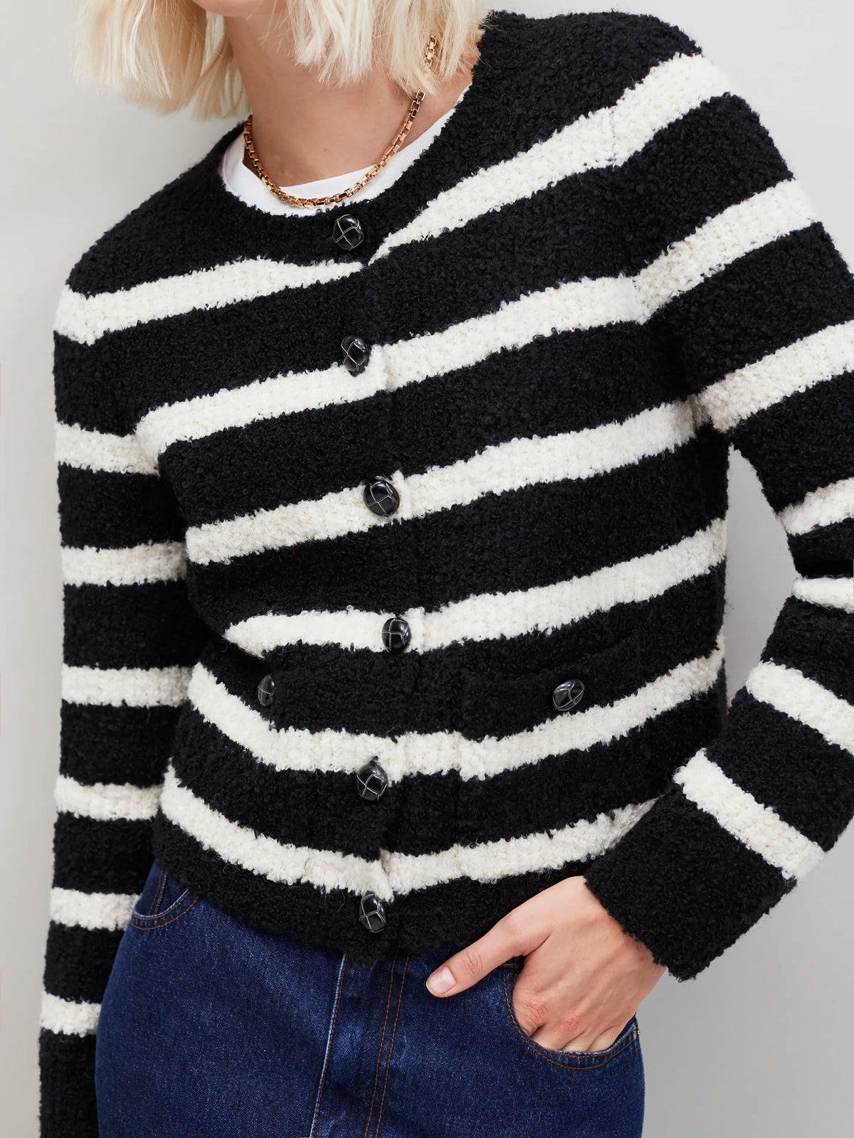 Black and White Striped Bouclé-Knit Cardigan
