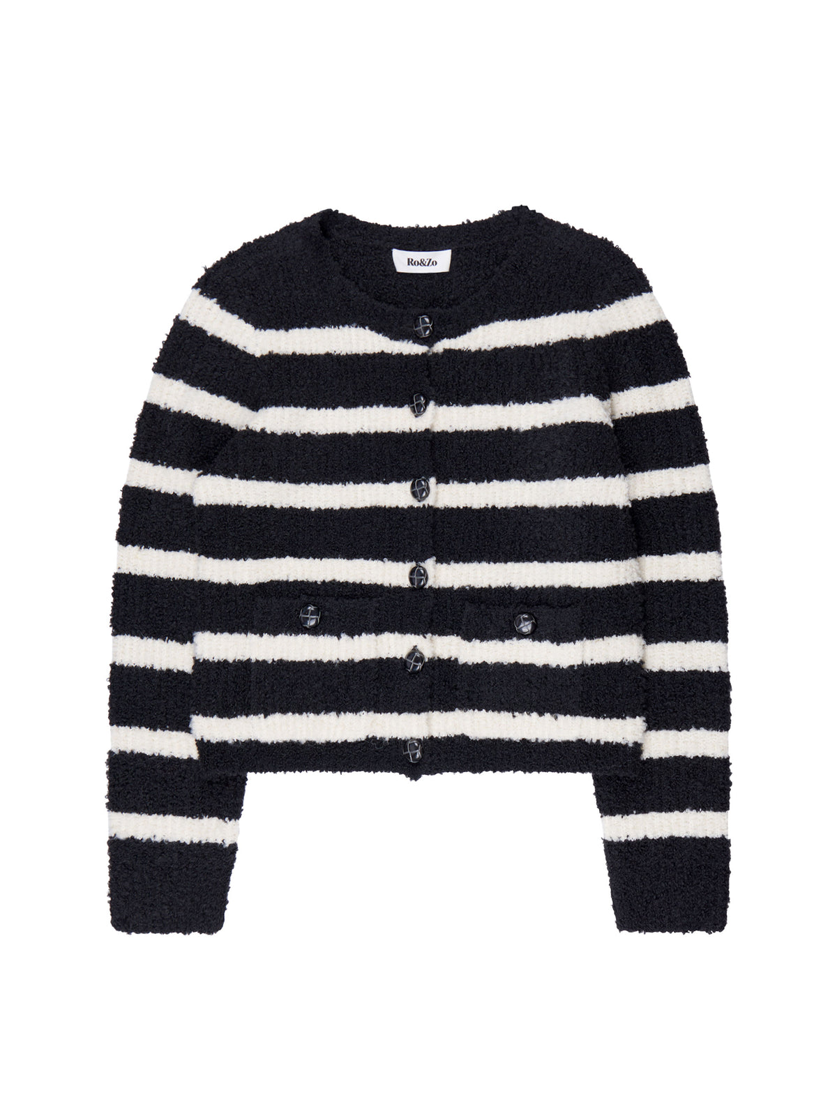 Black and White Striped Bouclé-Knit Cardigan