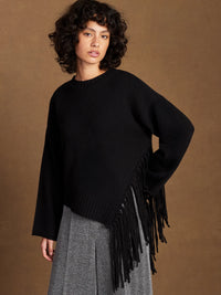 Black Asymmetric Fringed Jumper with Wool
