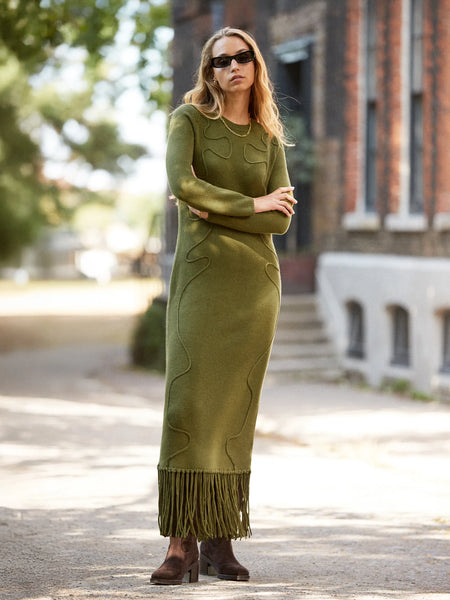 green emerald velvet dress Khaki-Green Appliquéd Knit Midi Dress with Wool – Ro&Zo