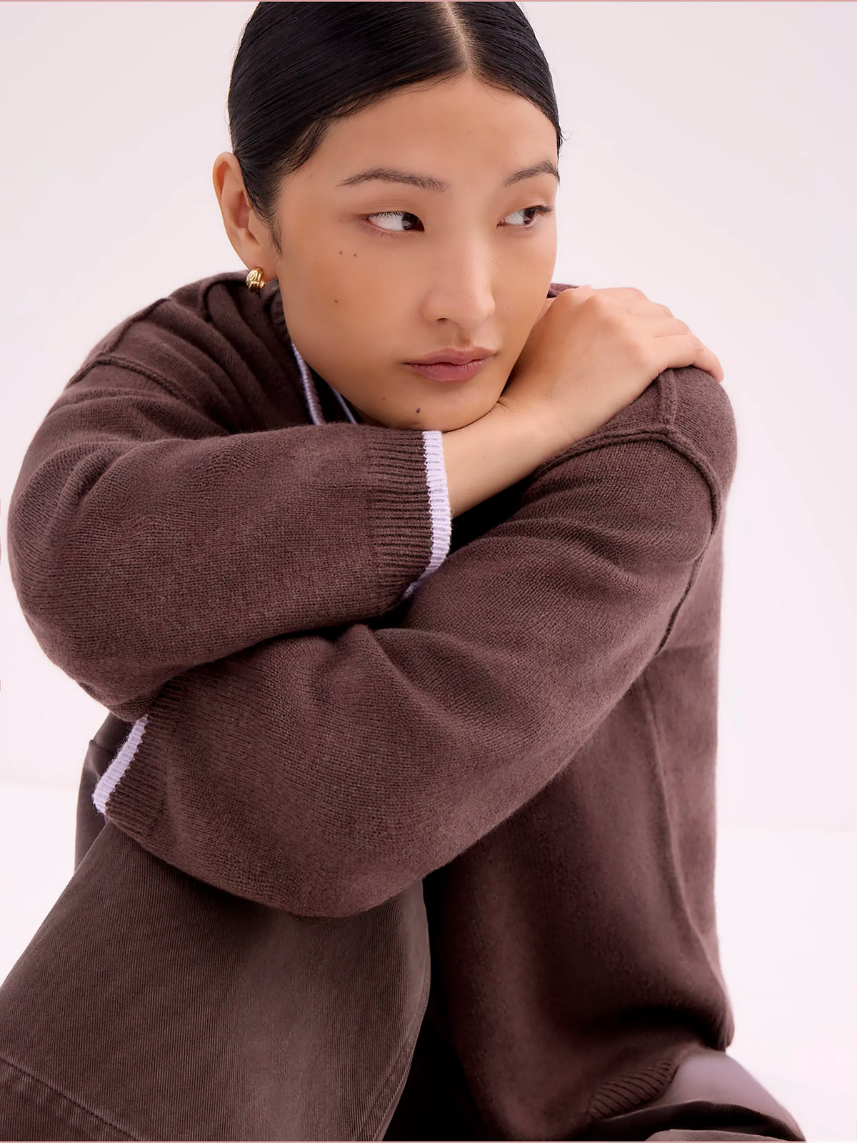 Brown Tipped Detail Knit Jumper With Cashmere