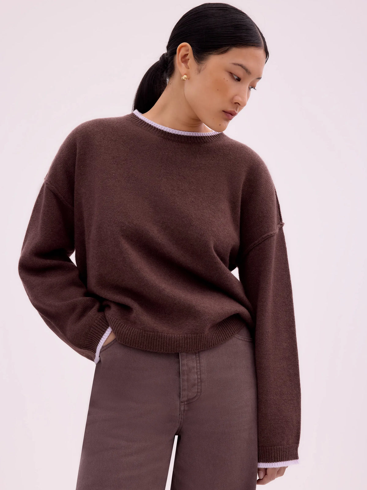 Brown Tipped Detail Knit Jumper With Cashmere