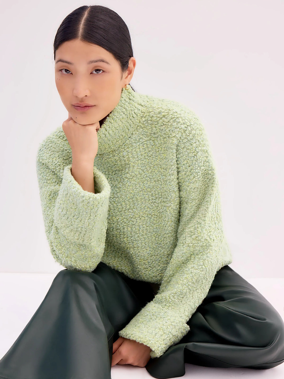 Green Boucle Deep Cuff Jumper