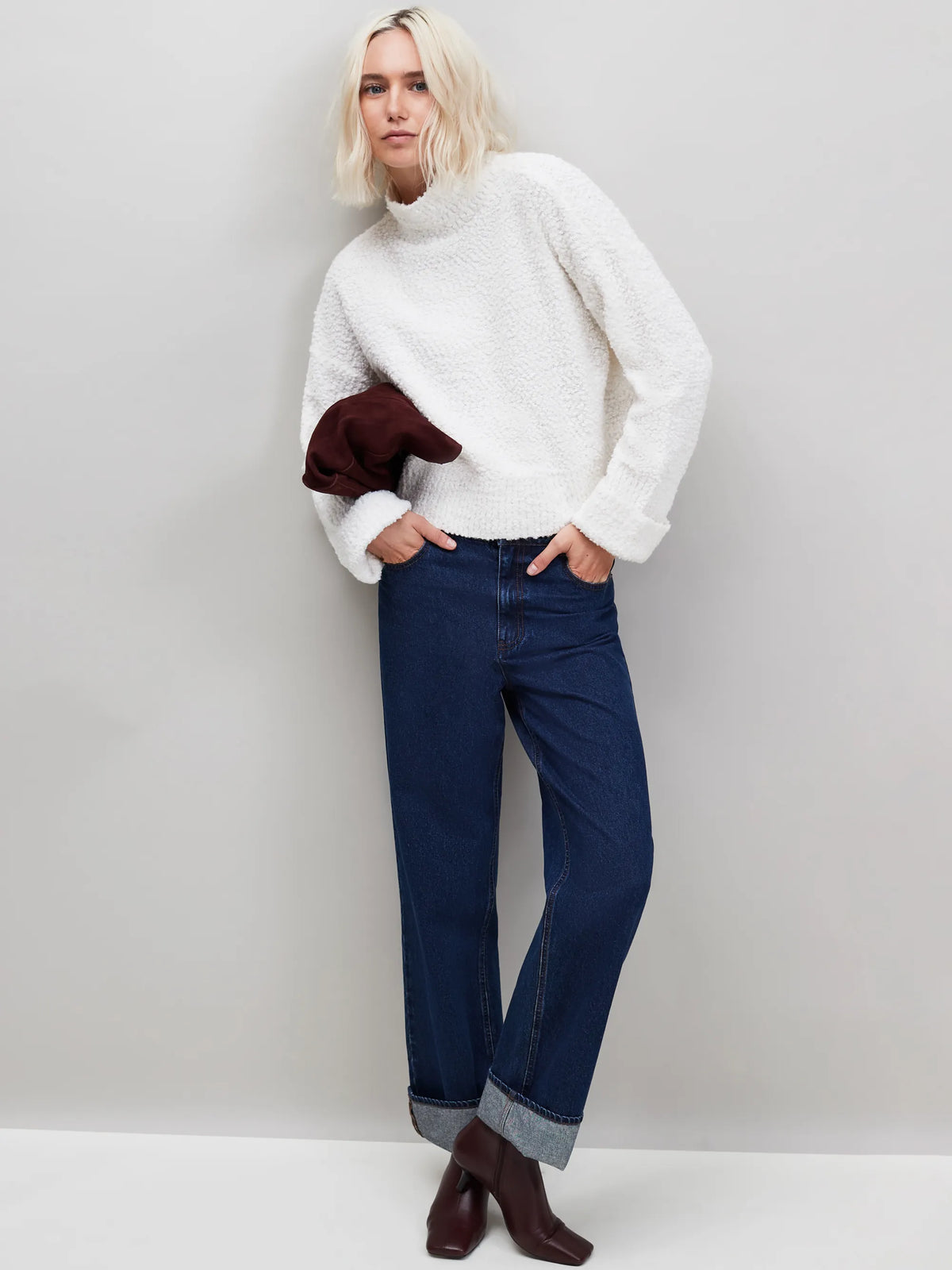 Ivory Boucle Deep Cuff Jumper