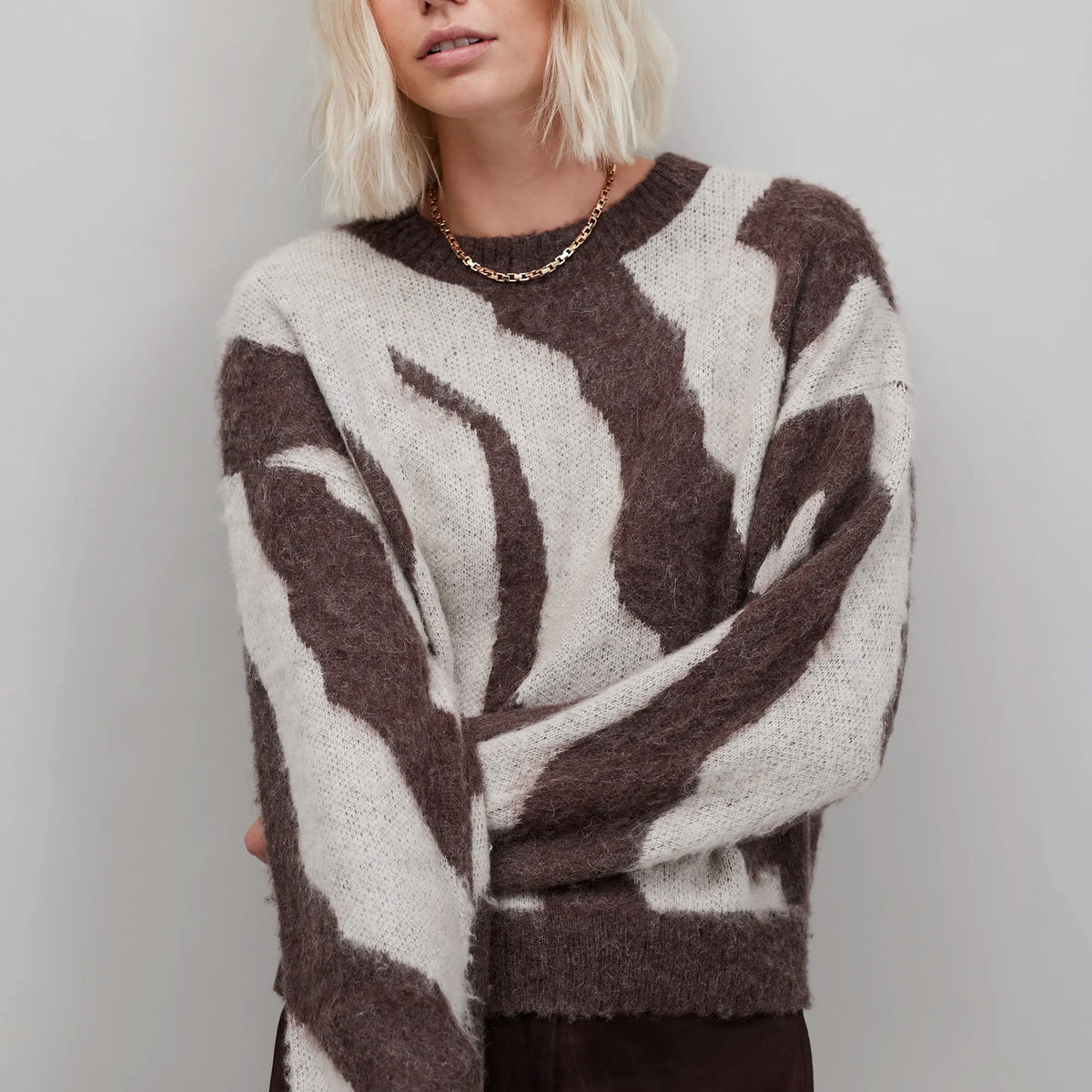 Brown Zebra Brushed Knit Jumper With Alpaca