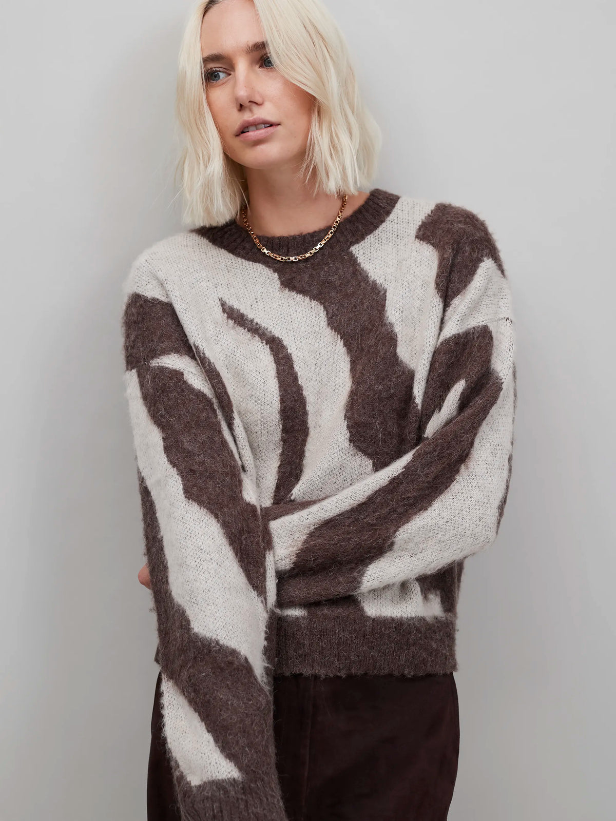 Brown Zebra Brushed Knit Jumper With Alpaca