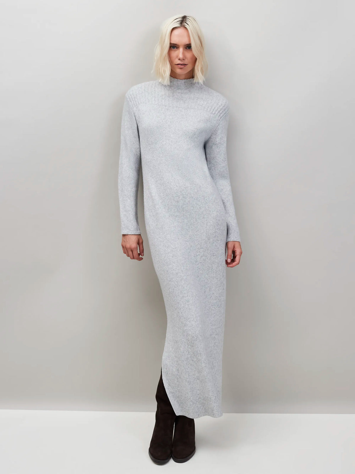 Grey Rib Knit High Neck Dress