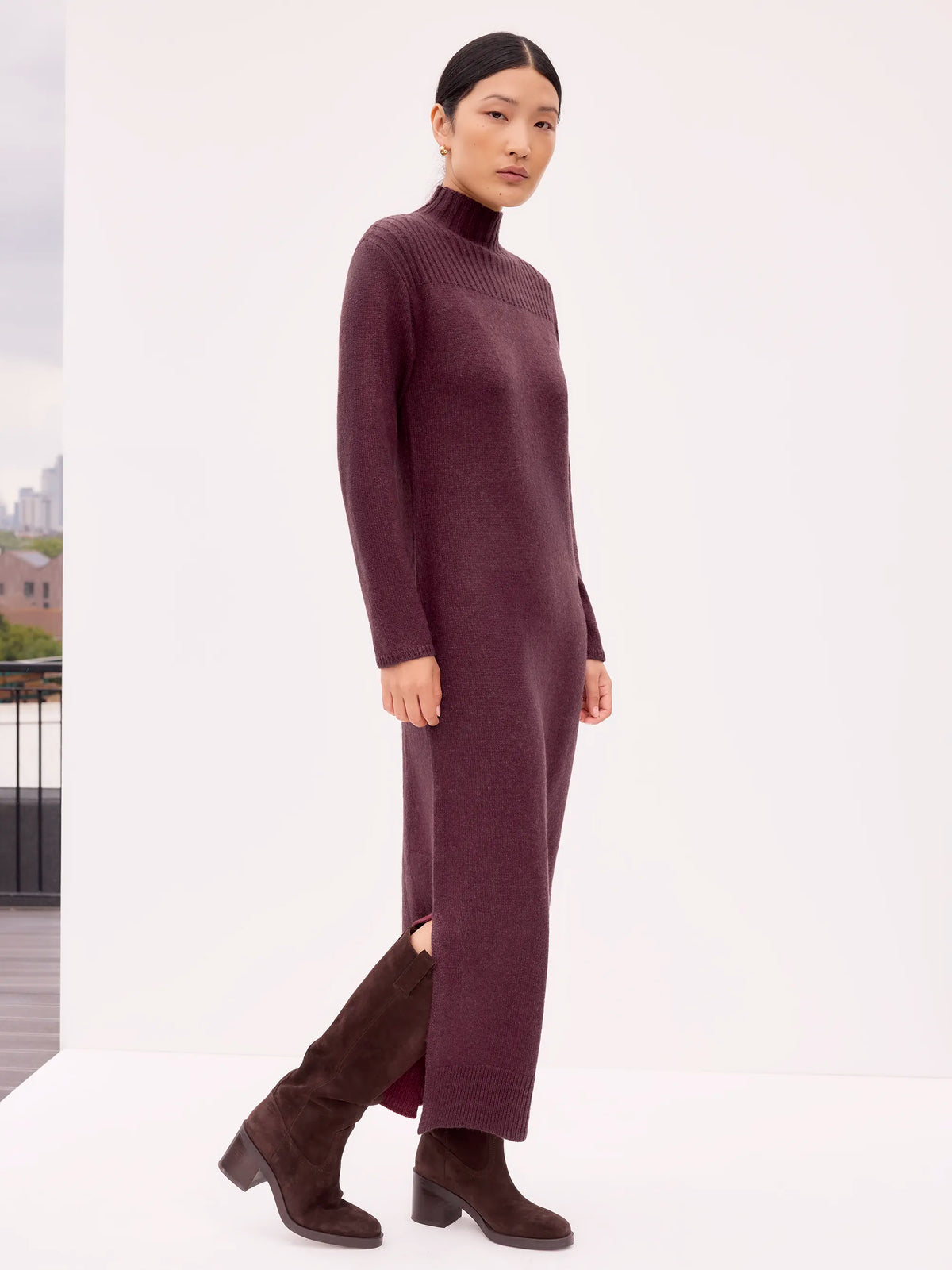 Dark Red Rib Knit High Neck Dress