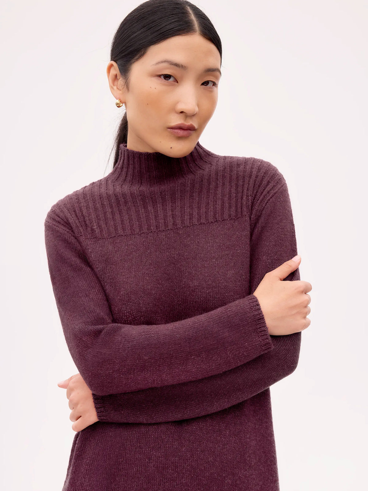 Dark Red Rib Knit High Neck Dress