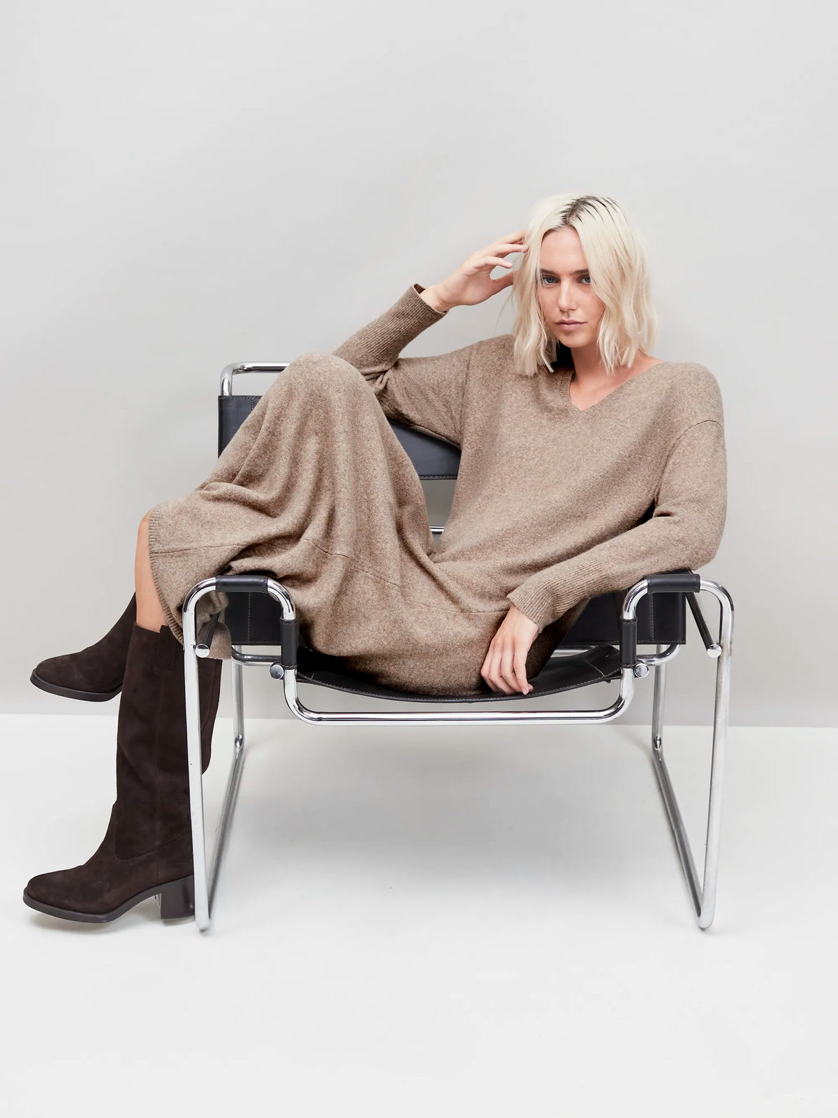 Oatmeal V-Neck Knit Dress