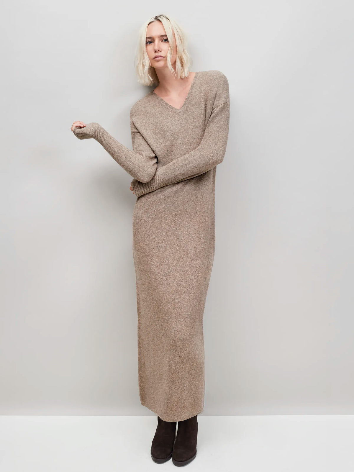 Oatmeal V-Neck Knit Dress