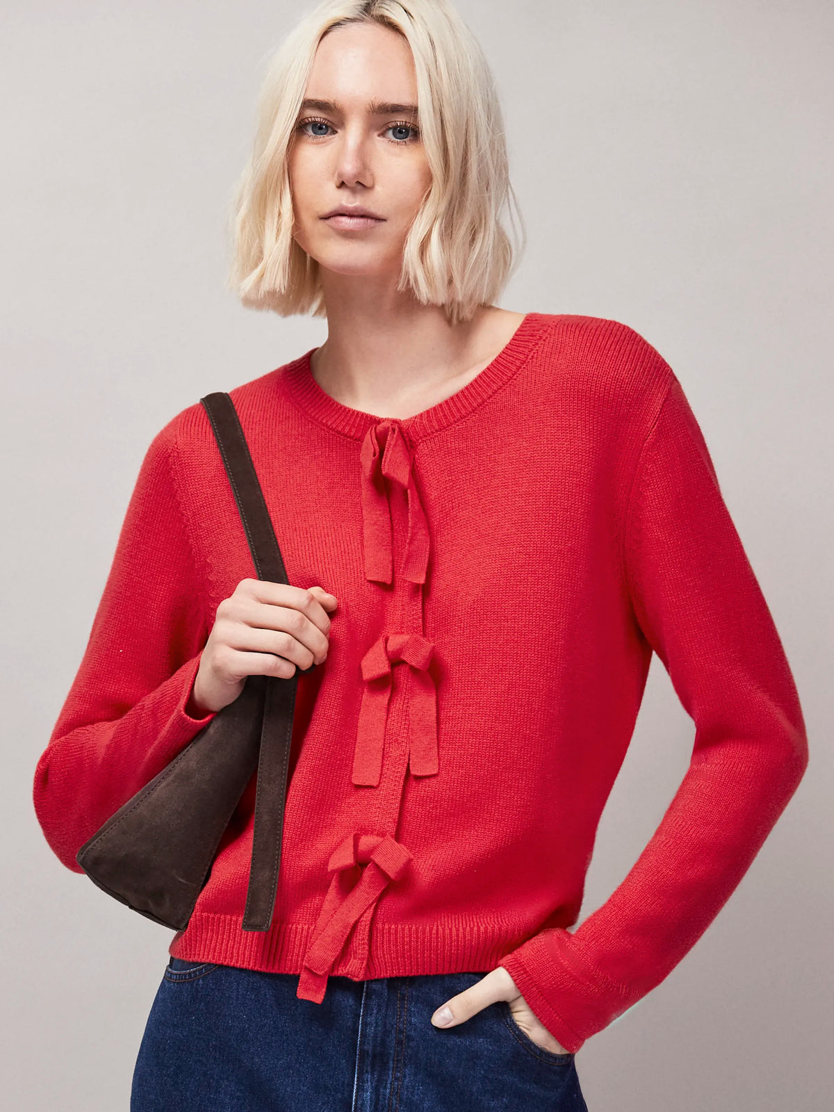 Red Bow Front Knit Cardigan With Cashmere