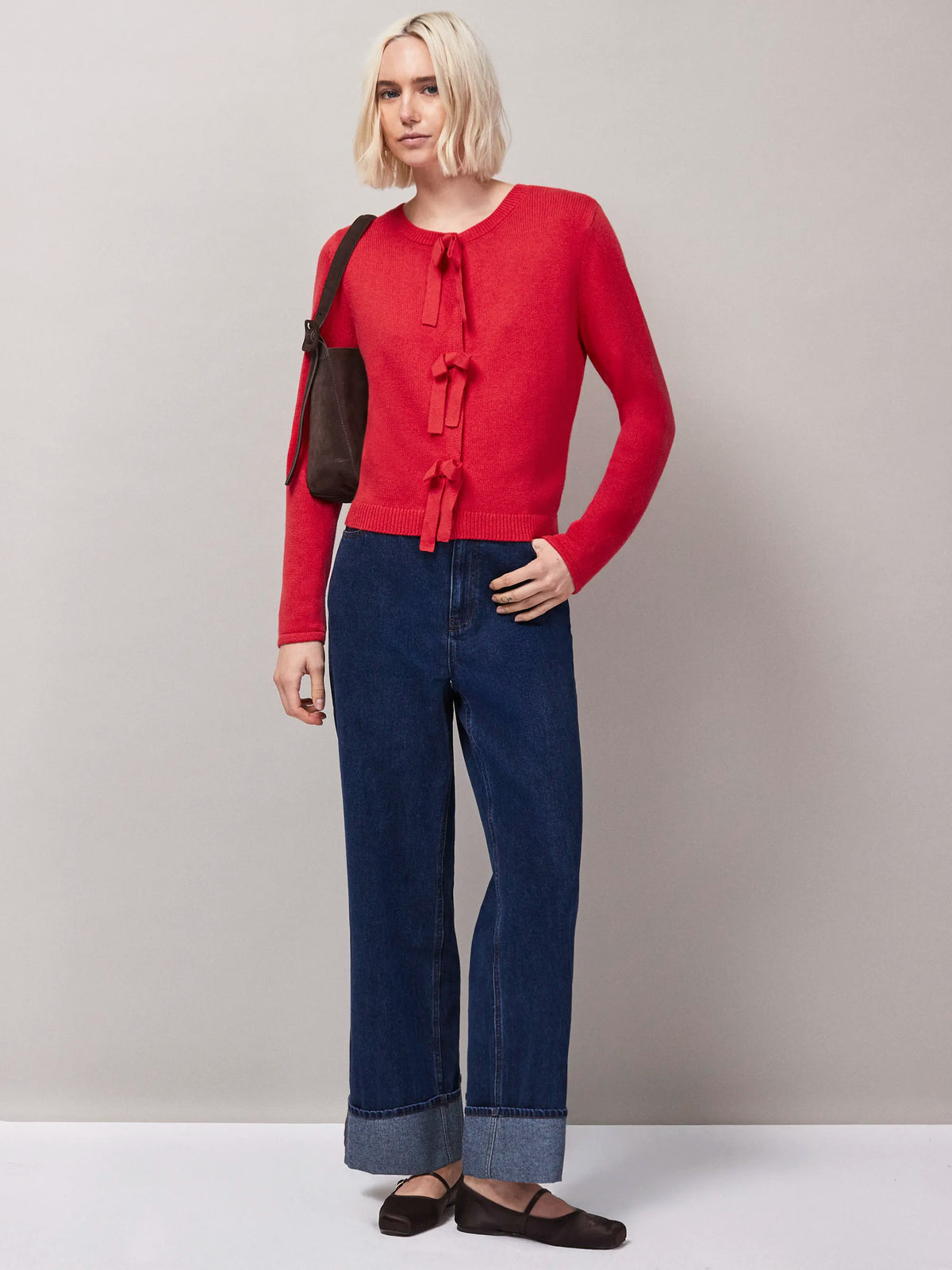 Red Bow Front Knit Cardigan With Cashmere
