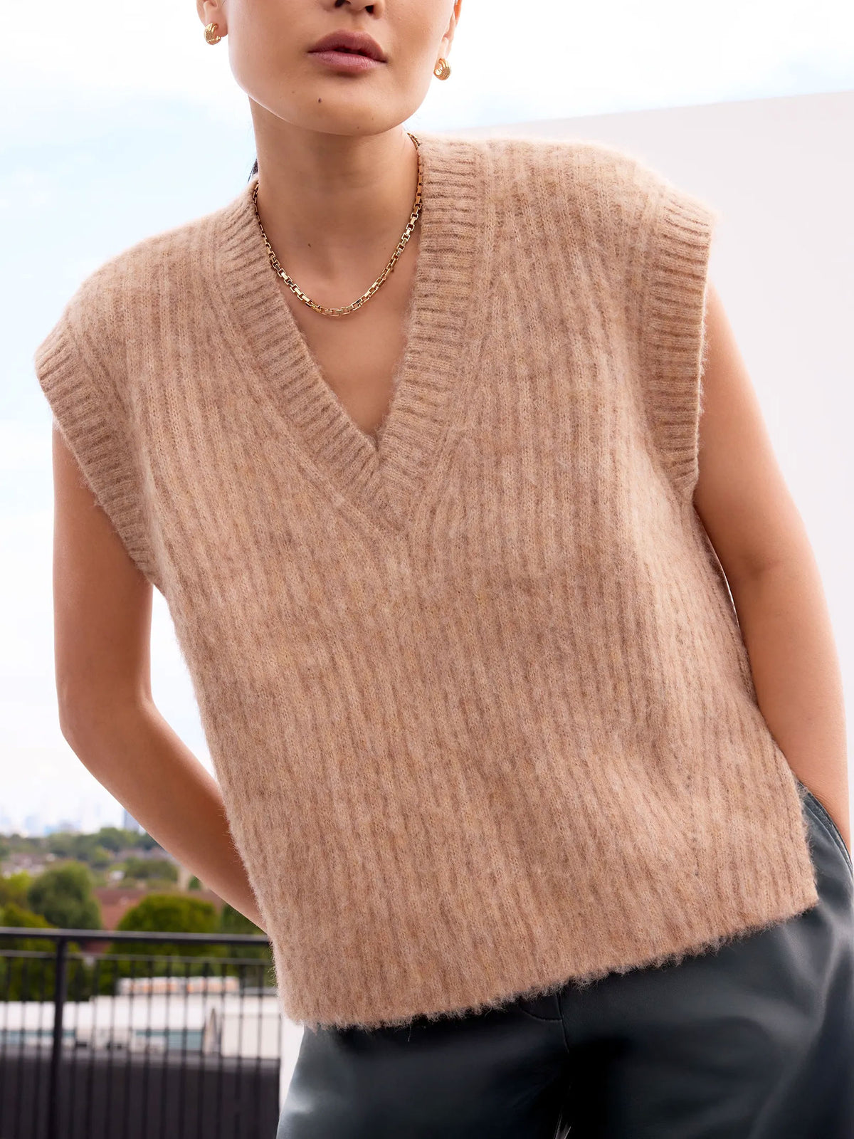Caramel V-Neck Knit Vest with Wool and Alpaca