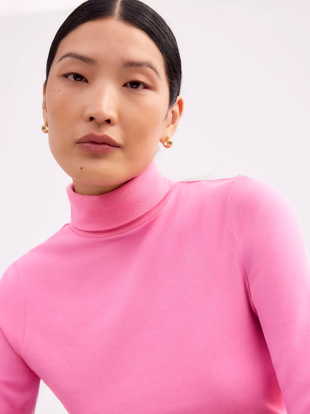 Pink Turtleneck Stretch Cotton-Modal Top